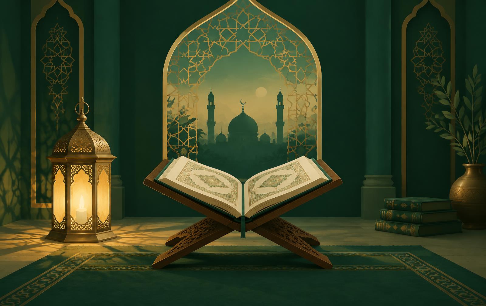 An open Qur'an on a wooden stand beside a glowing lantern, with a mosque visible through an arched window